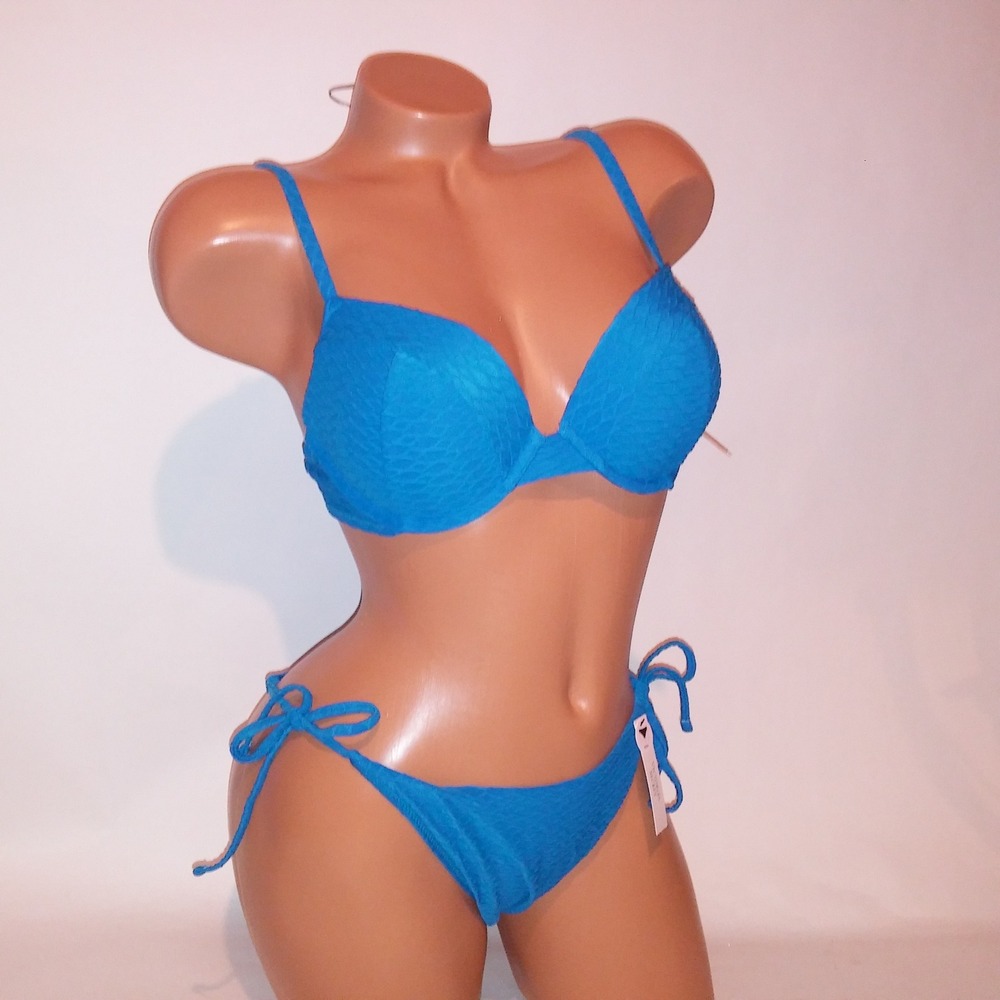 Victoria Secret Swim Bikini 34C Top Medium Cheeky Bottom Push Up Blue Textured